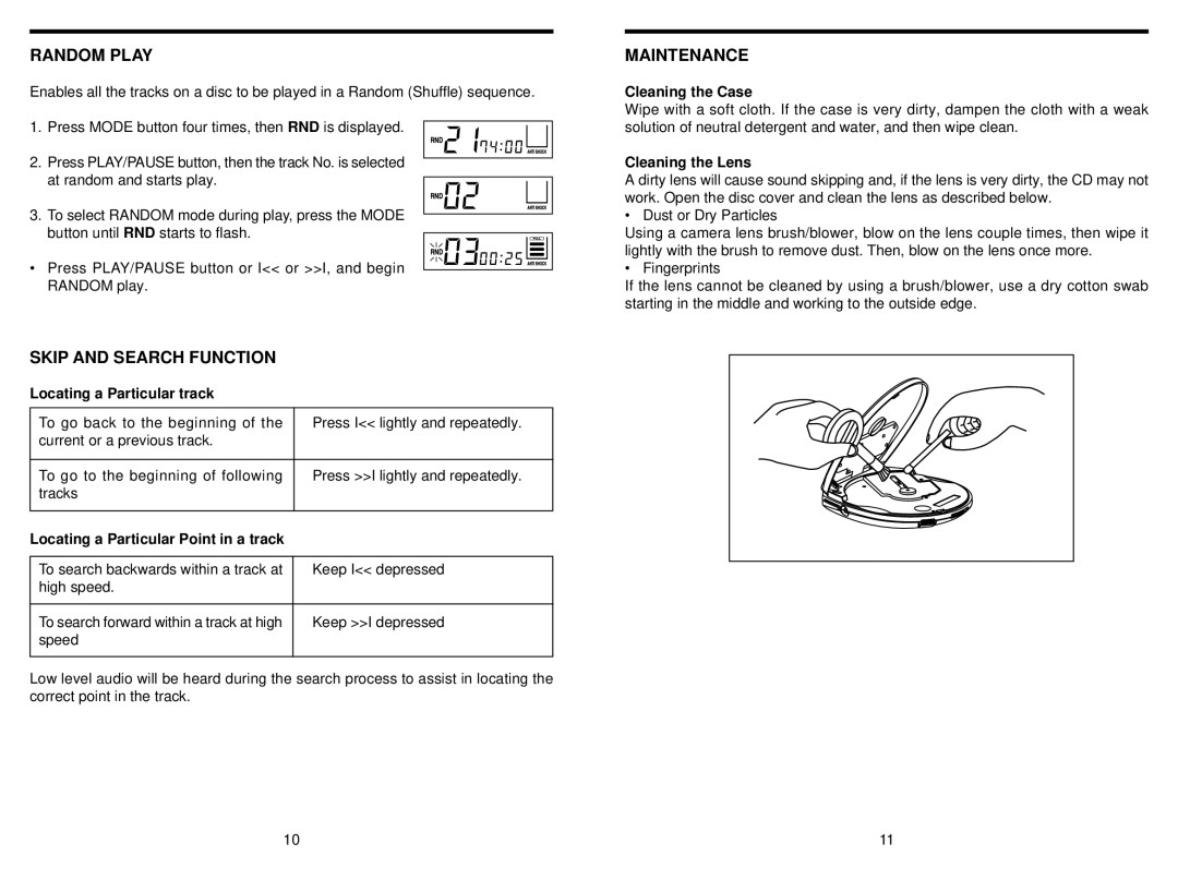 Audiovox CE1000X instruction manual Random Play, Skip and Search Function, Maintenance 