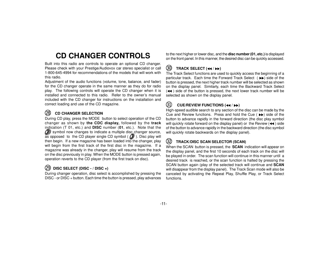 Audiovox CE105 manual CD Changer Controls 