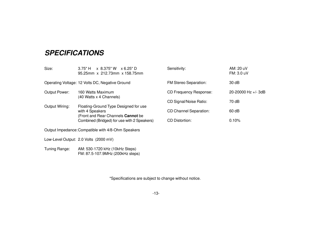 Audiovox CE105 manual Specifications 