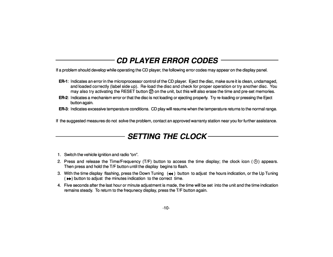 Audiovox CE105 manual Cd Player Error Codes, Setting The Clock 
