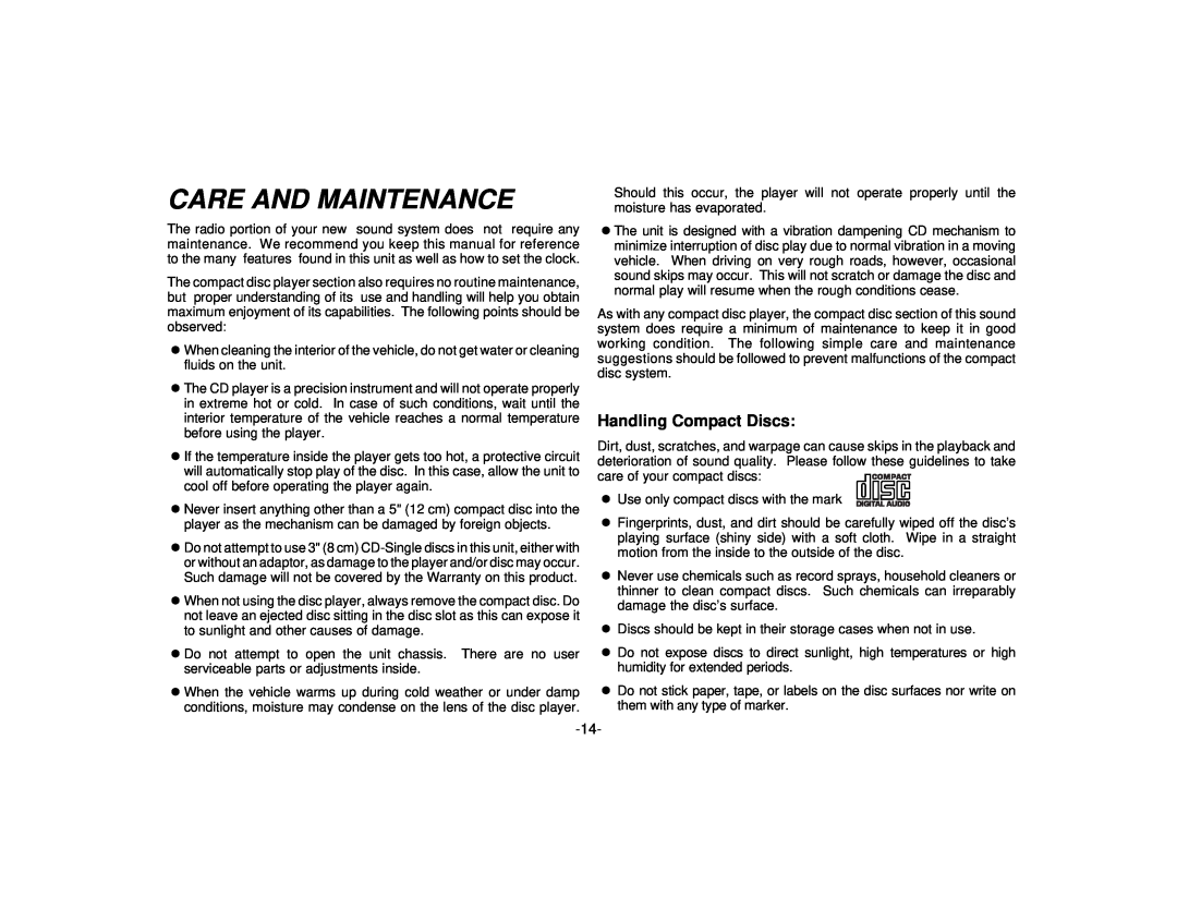 Audiovox CE105 manual Care And Maintenance, Handling Compact Discs 