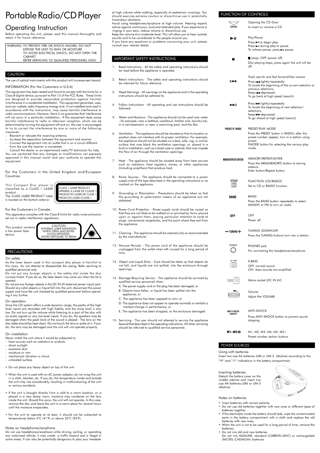 Audiovox CE148 important safety instructions Important Safety Instructions, Function of Controls, Precautions, Band 