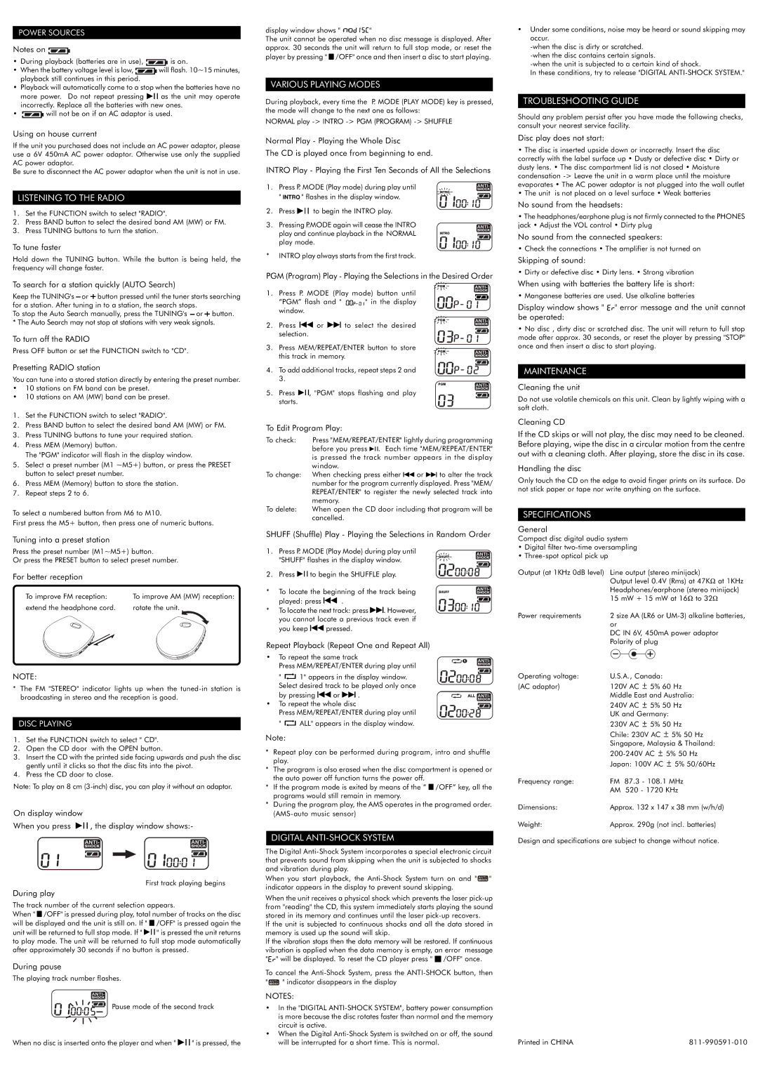 Audiovox CE148 Listening to the Radio, Various Playing Modes, Digital ANTI-SHOCK System, Troubleshooting Guide 