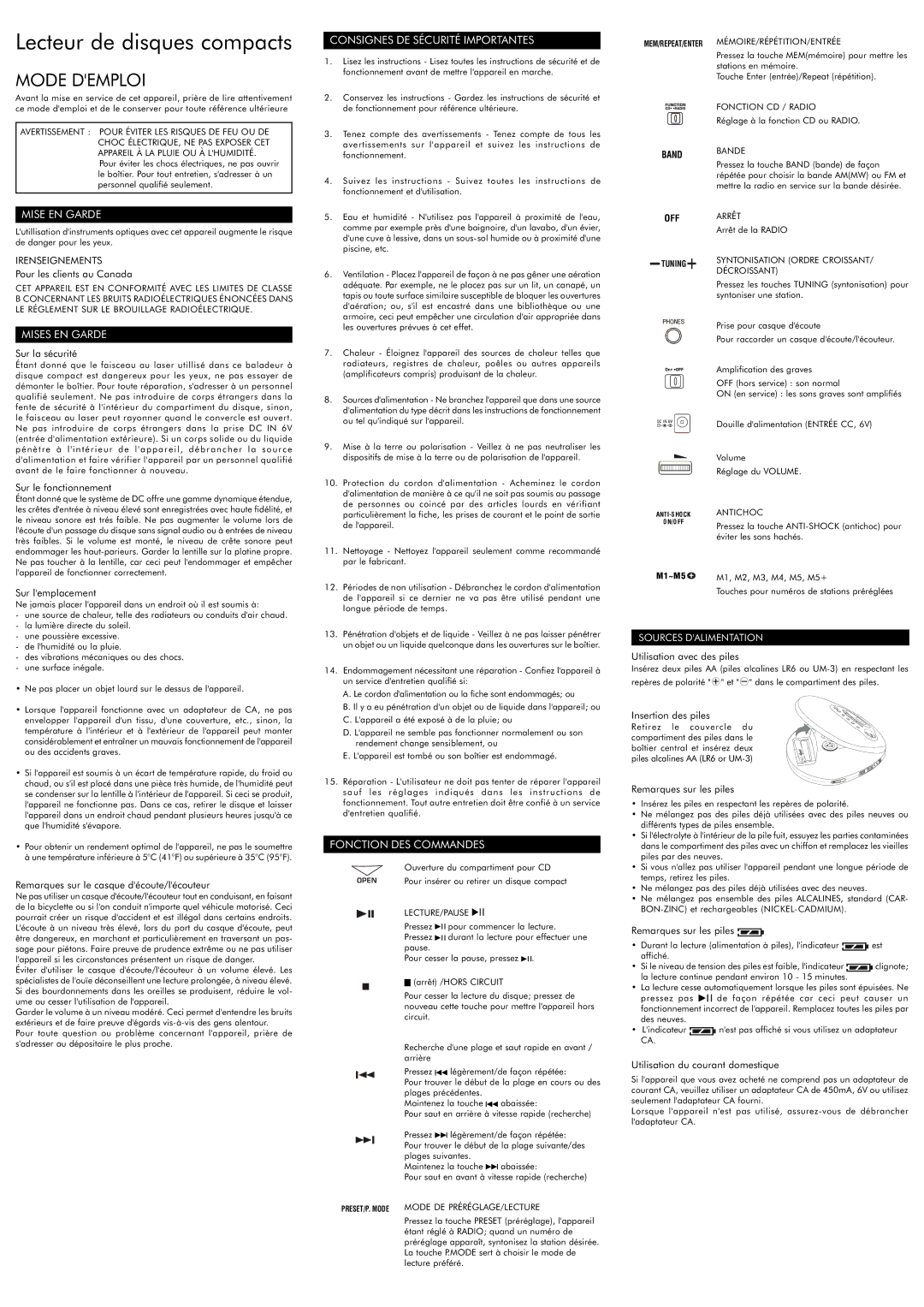 Audiovox CE148 Consignes DE Sécurité Importantes, Mise EN Garde, Mises EN Garde, Fonction DES Commandes 