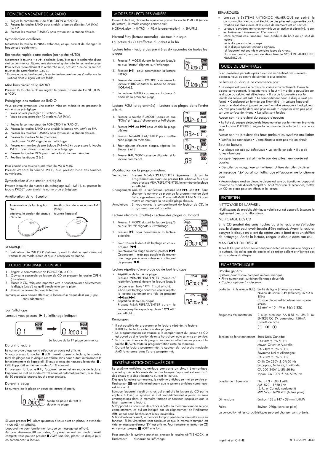 Audiovox CE148 Fonctionnement DE LA Radio, Modes DE Lectures Variées, Système Antichoc Numérique, Guide DE Dépannage 