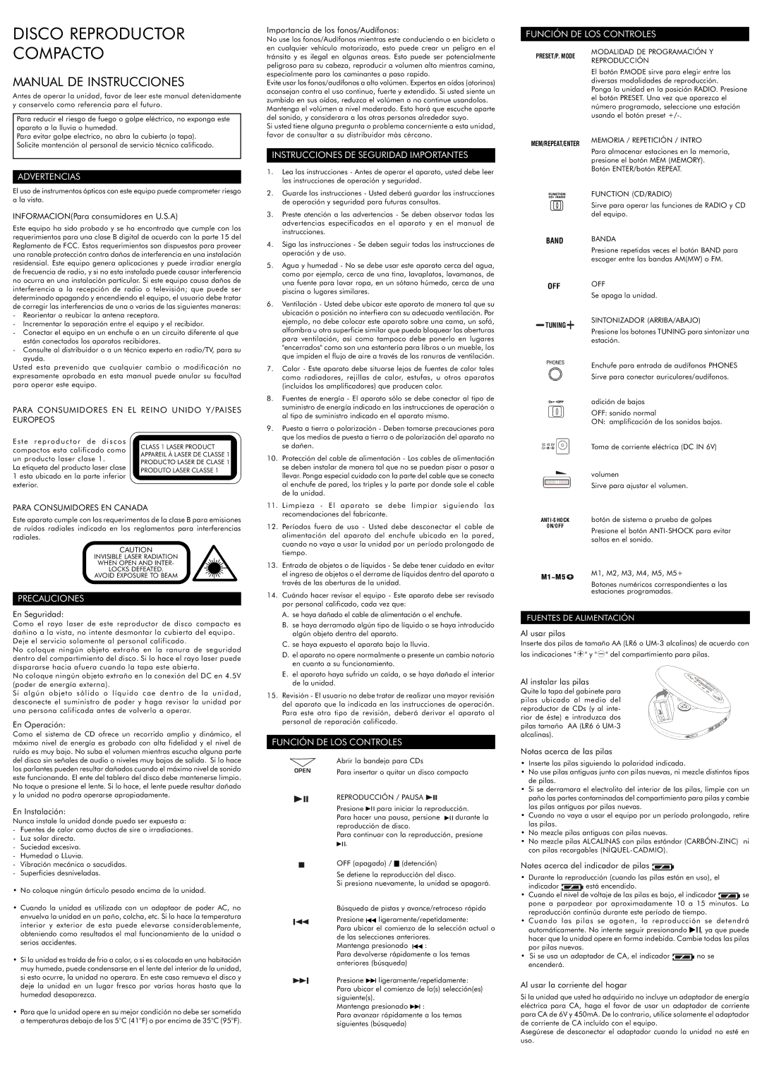 Audiovox CE148 Función DE LOS Controles, Advertencias, Precauciones, Instrucciones DE Seguridad Importantes 