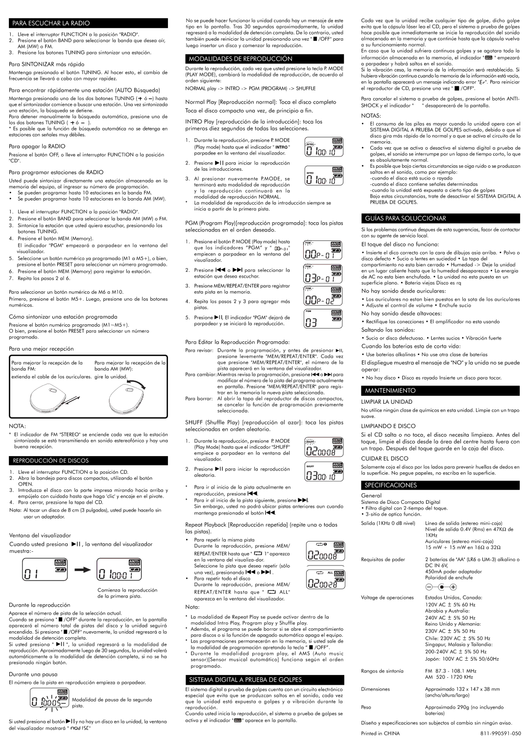 Audiovox CE148 Para Escuchar LA Radio, Modalidades DE Reproducción, Sistema Digital a Prueba DE Golpes, Mantenimiento 