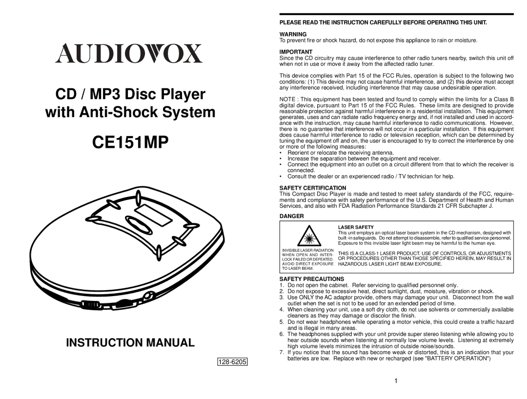 Audiovox CE151MP instruction manual 128-6205 