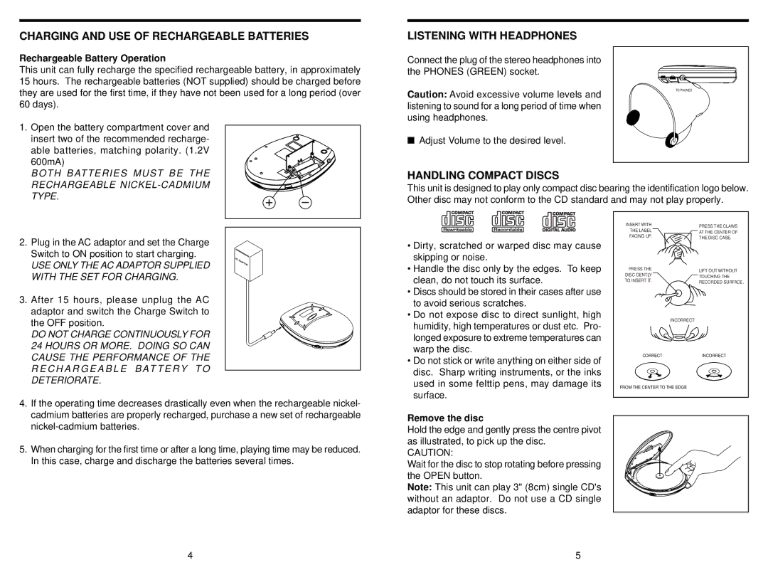 Audiovox CE151MP Charging and USE of Rechargeable Batteries, Listening with Headphones, Handling Compact Discs 