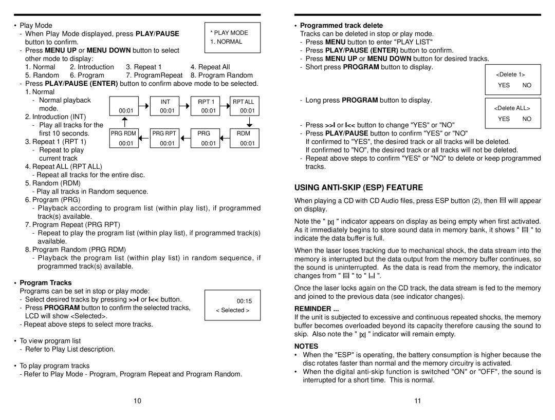 Audiovox CE151MP instruction manual Using ANTI-SKIP ESP Feature, Programmed track delete, Program Tracks, Reminder 