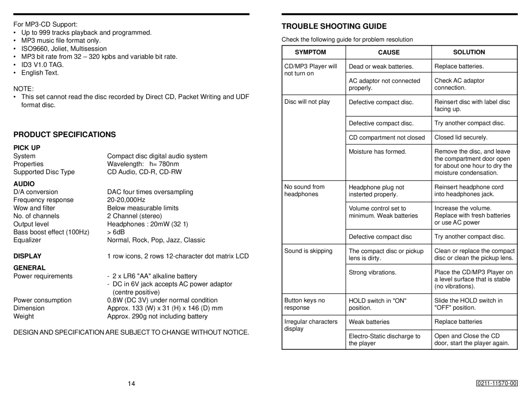 Audiovox CE151MP instruction manual Product Specifications, Trouble Shooting Guide 