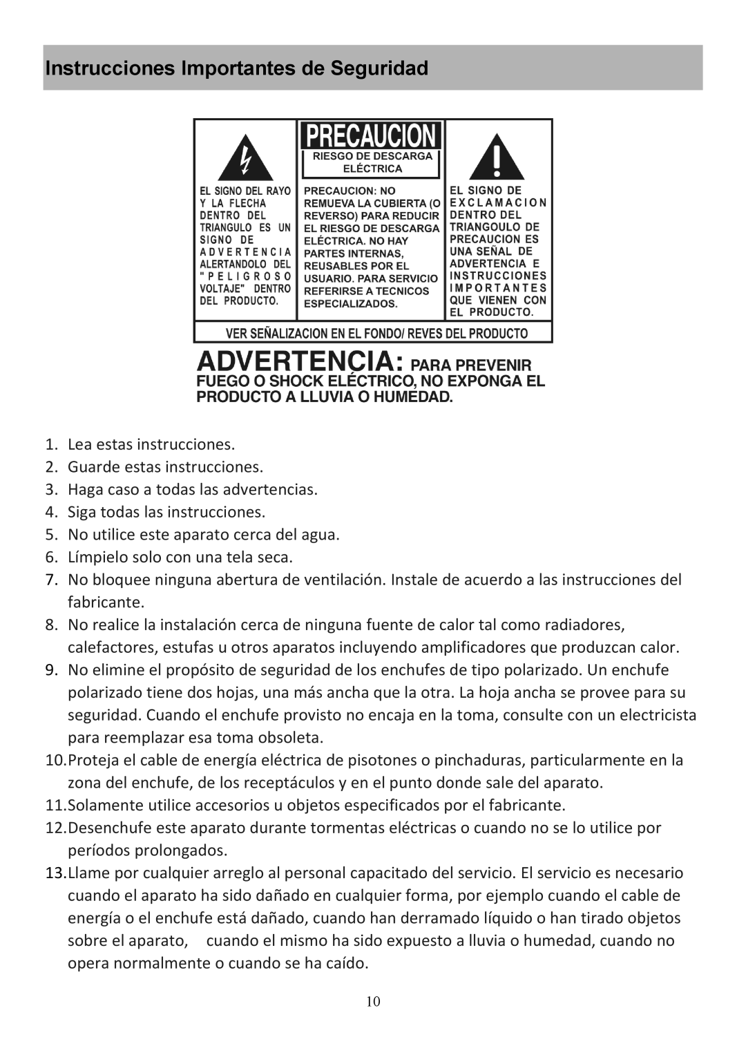 Audiovox CE208BT user manual Instrucciones Importantes de Seguridad 