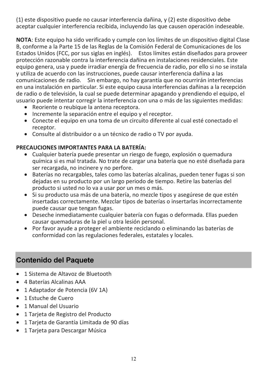 Audiovox CE208BT user manual Contenido del Paquete, Precauciones Importantes Para LA Batería 