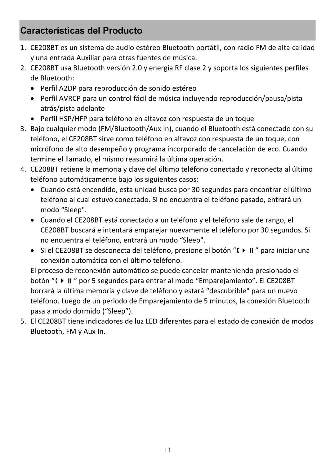 Audiovox CE208BT user manual Características del Producto 