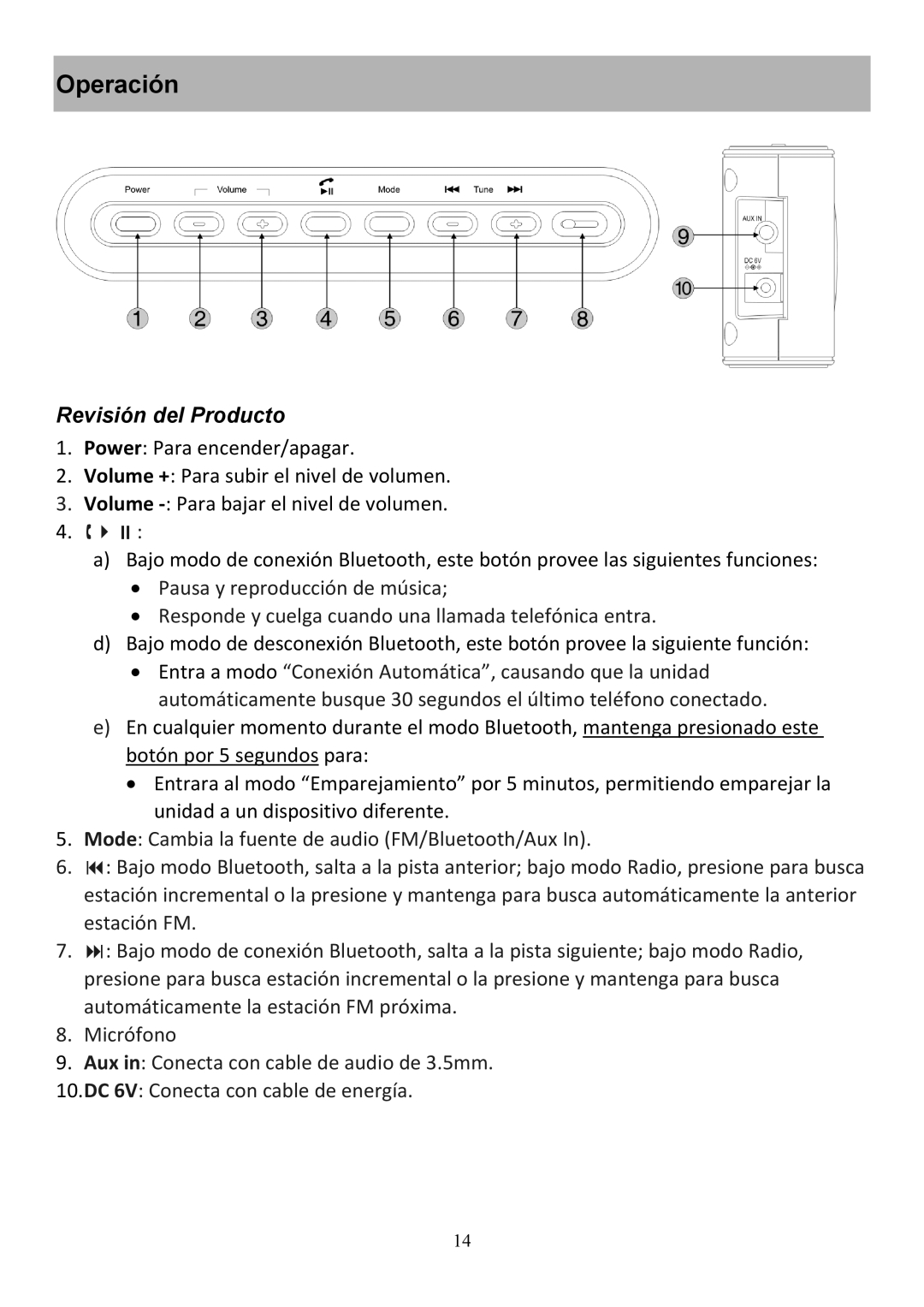 Audiovox CE208BT user manual Operación, Revisión del Producto 