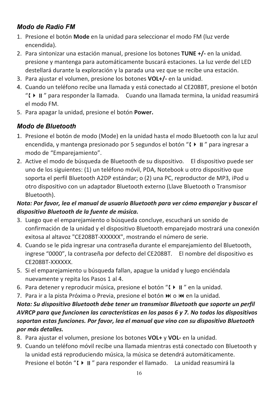 Audiovox CE208BT user manual Modo de Radio FM, Modo de Bluetooth 