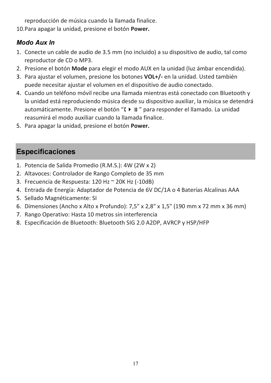 Audiovox CE208BT user manual Especificaciones, Modo Aux 