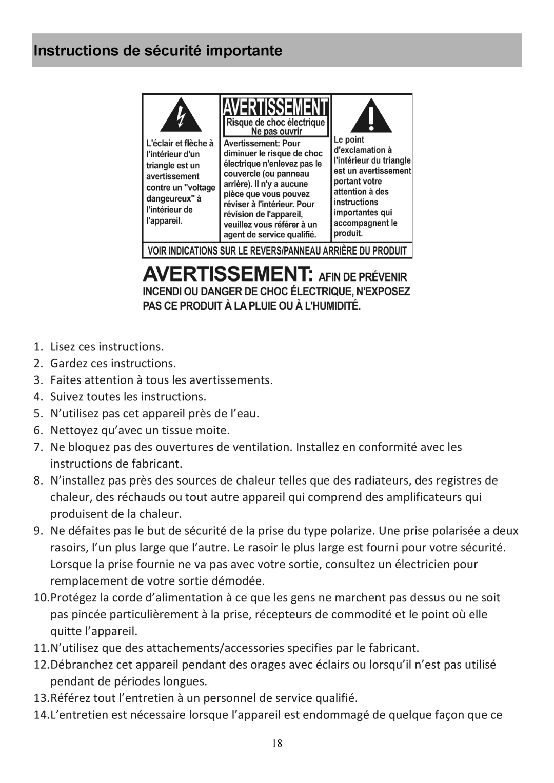 Audiovox CE208BT user manual Instructions de sécurité importante 