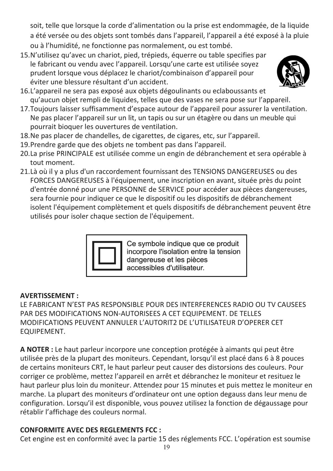 Audiovox CE208BT user manual Avertissement, Conformite Avec DES Reglements FCC 