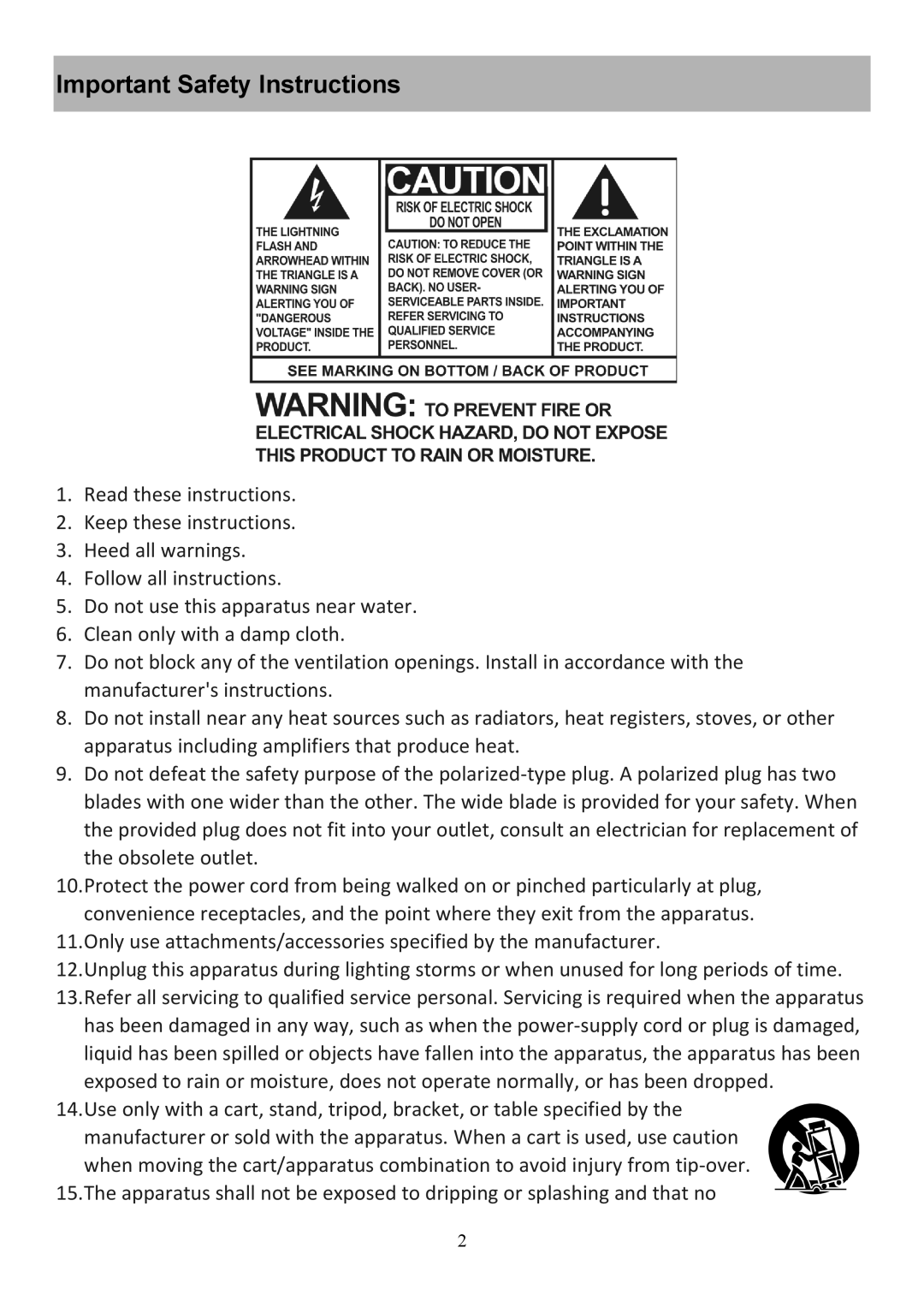 Audiovox CE208BT user manual Important Safety Instructions 