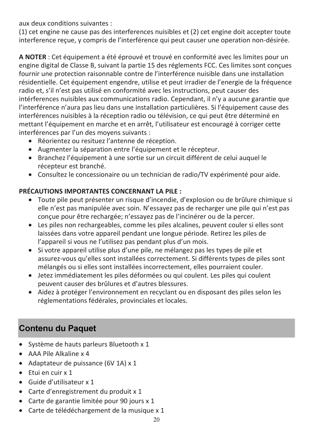 Audiovox CE208BT user manual Contenu du Paquet, Précautions Importantes Concernant LA Pile 