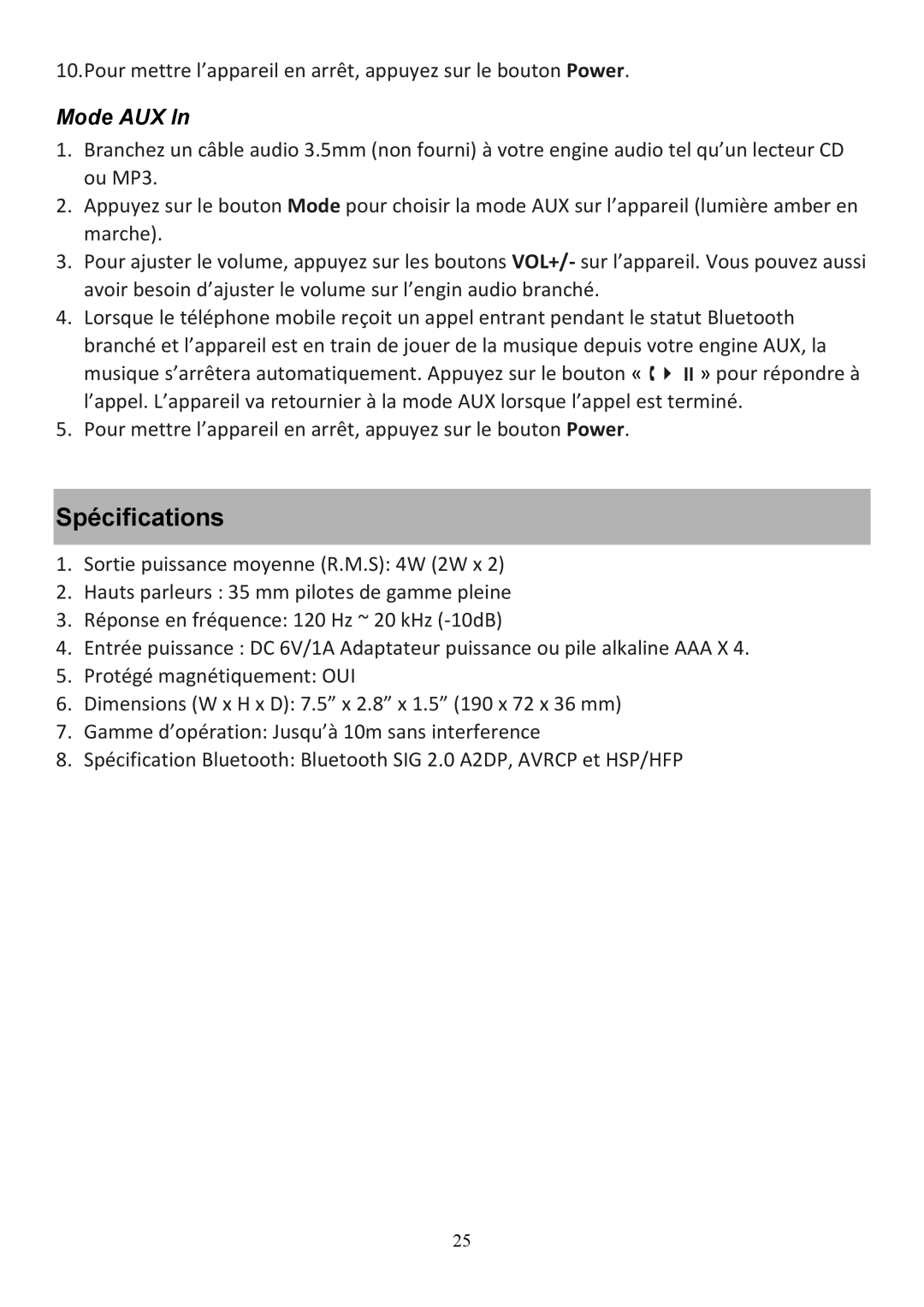 Audiovox CE208BT user manual Spécifications, Mode AUX 