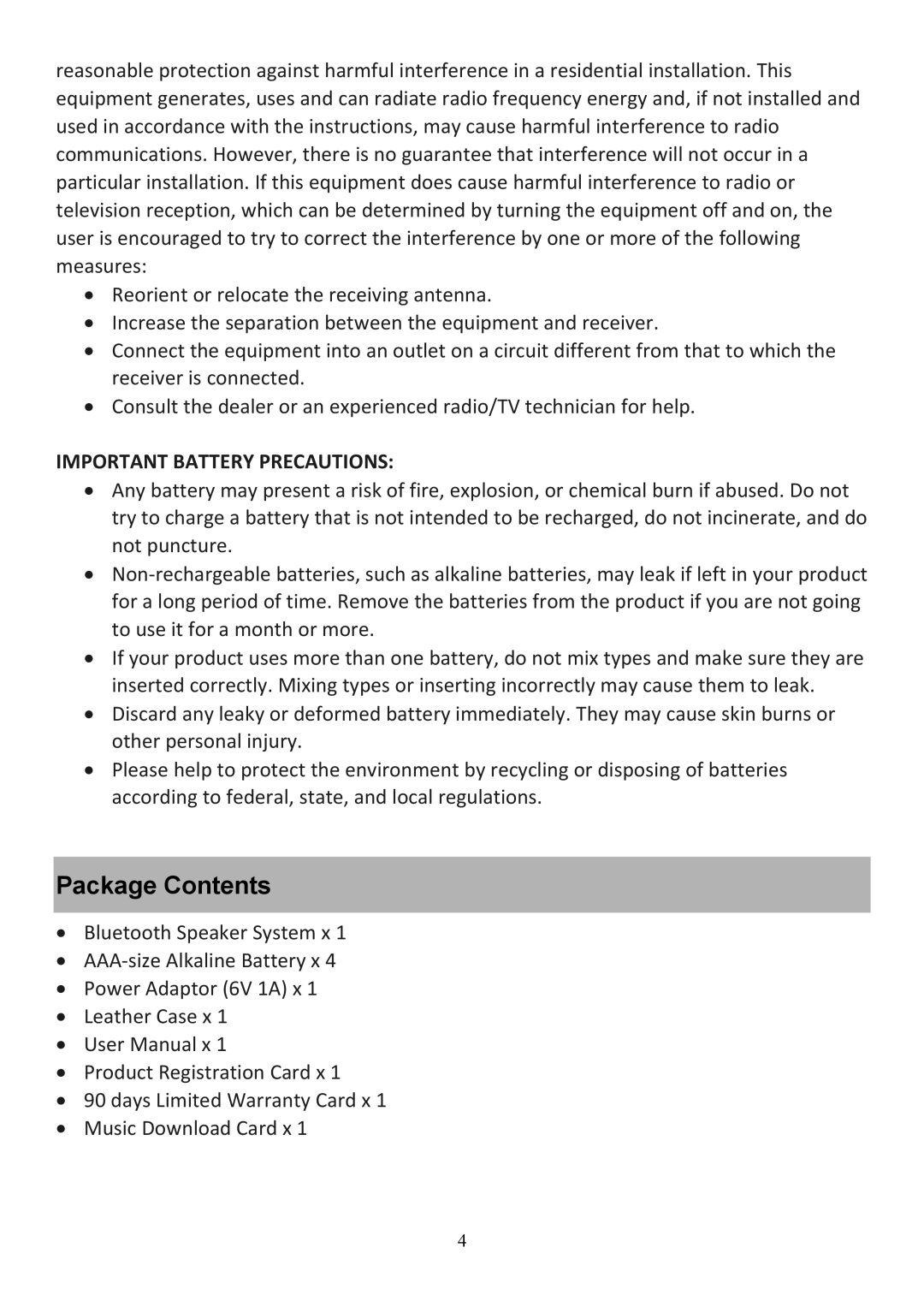 Audiovox CE208BT user manual Package Contents 