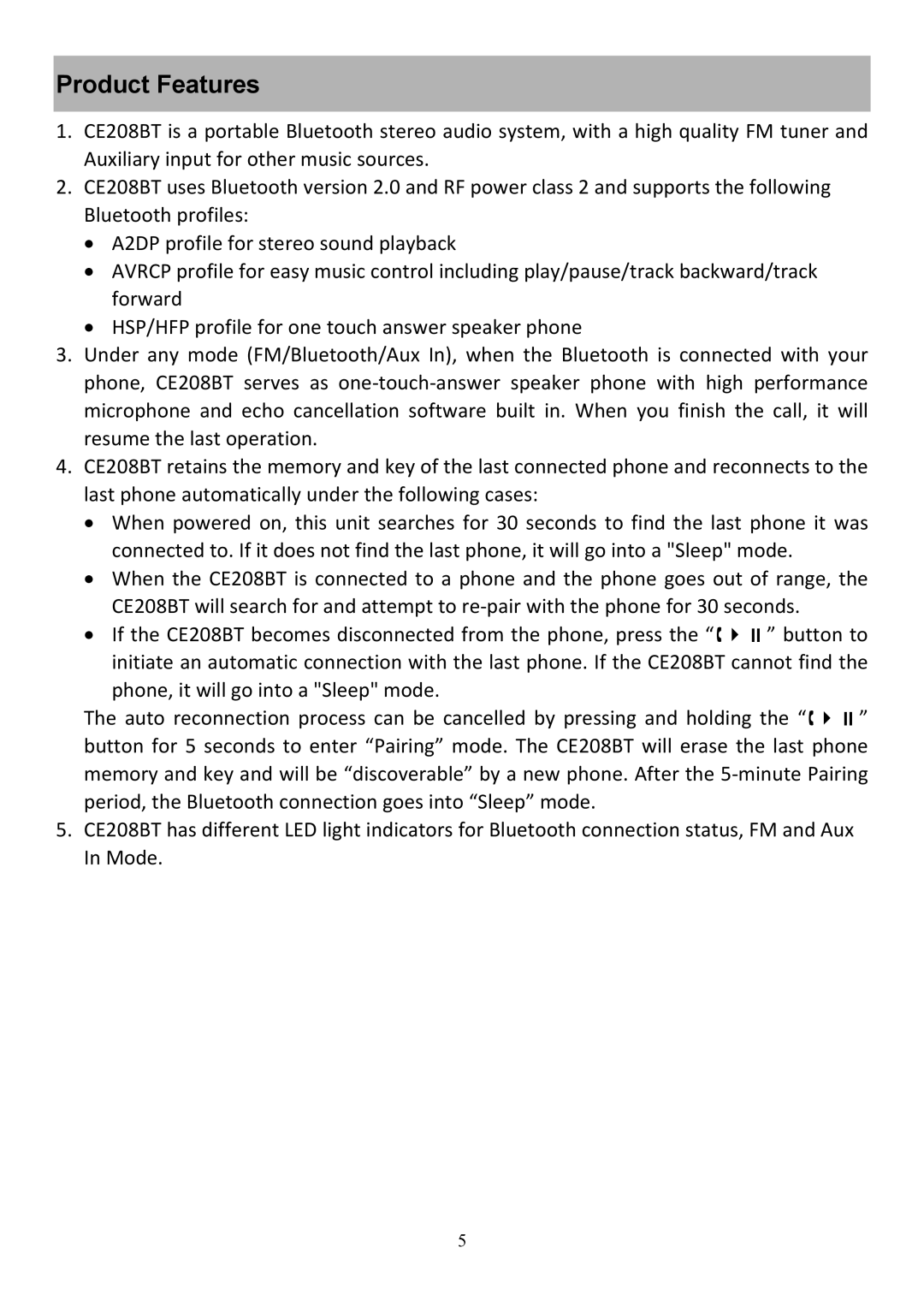 Audiovox CE208BT user manual Product Features 