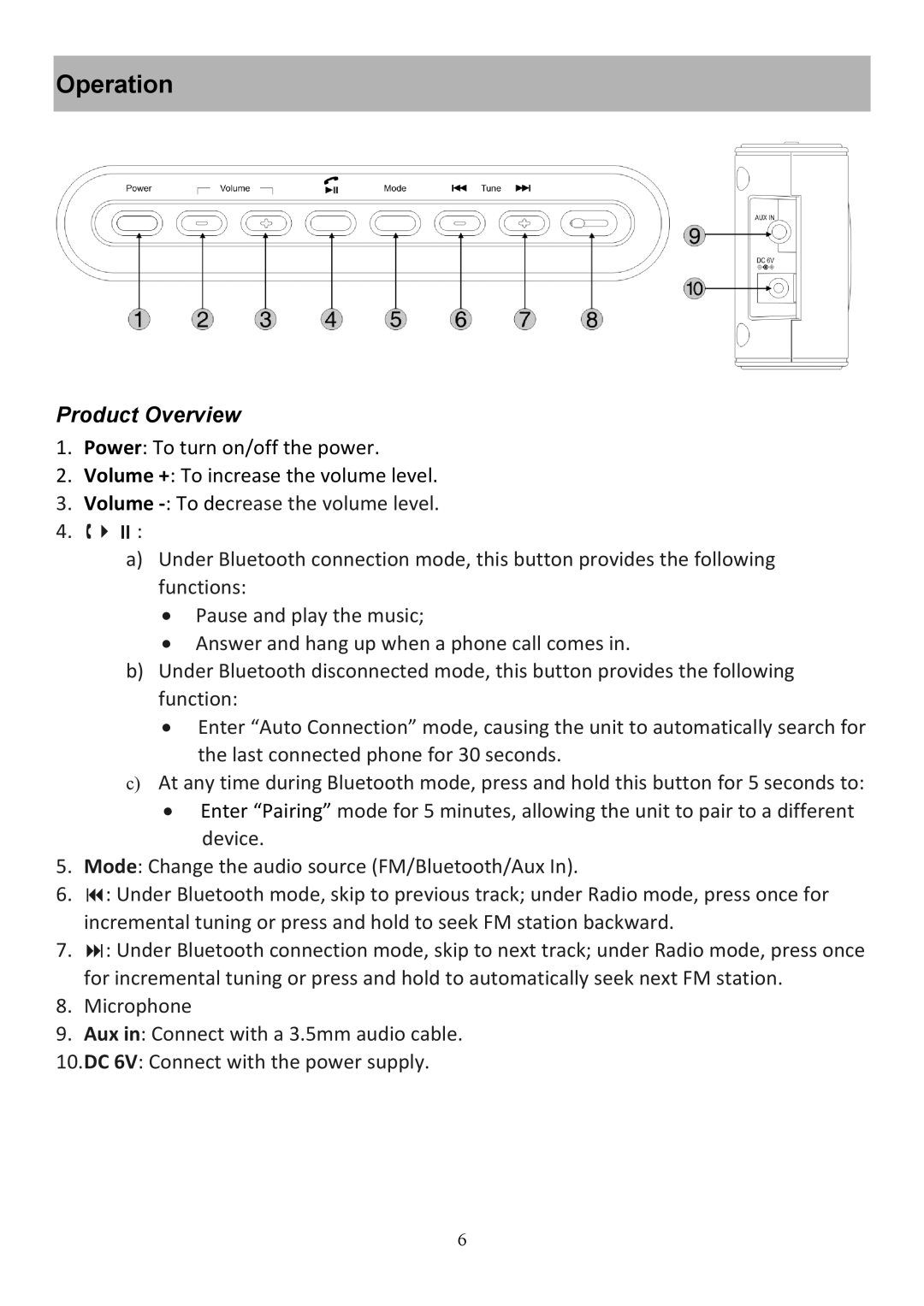 Audiovox CE208BT user manual Operation, Product Overview 