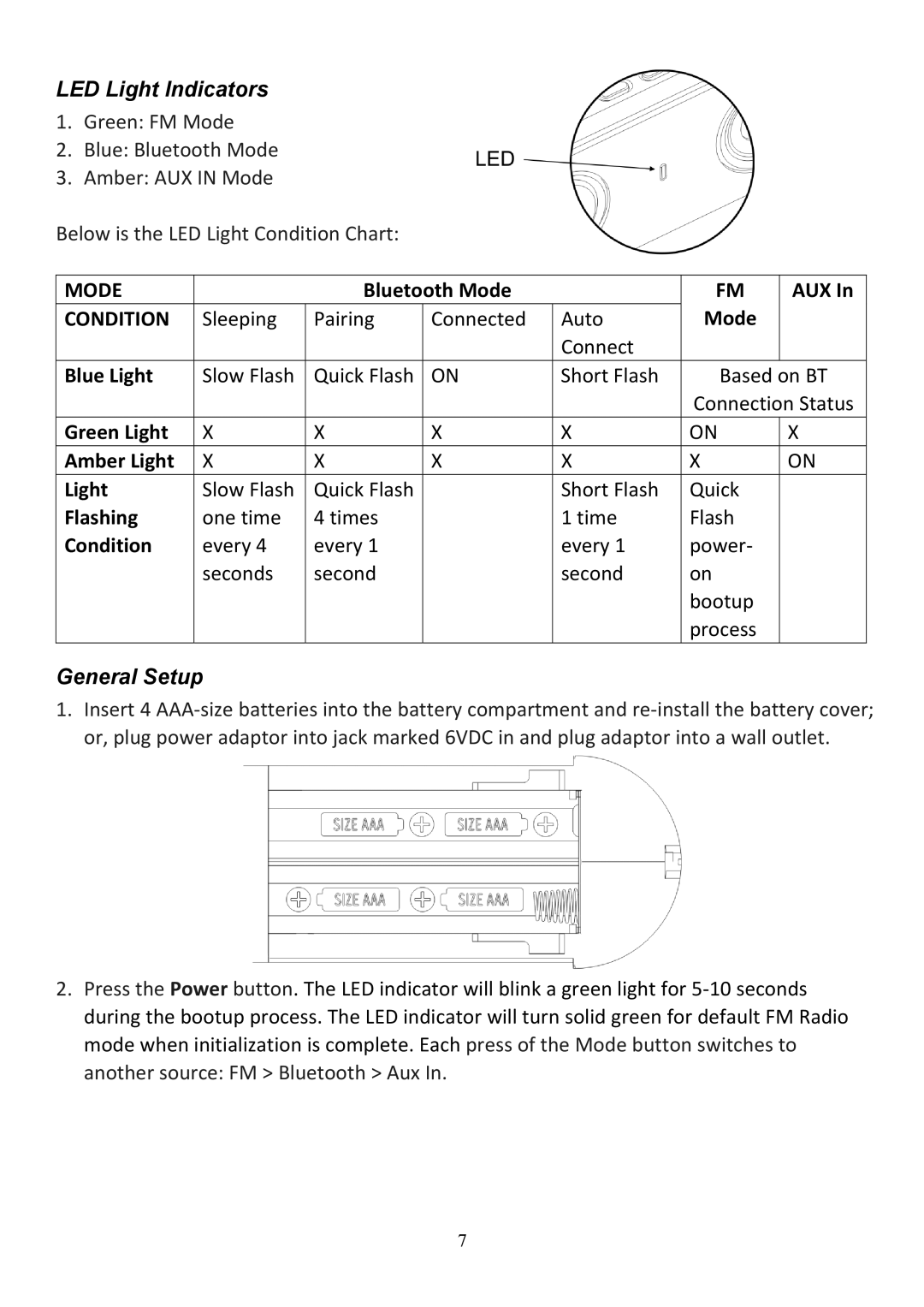 Audiovox CE208BT user manual LED Light Indicators, General Setup 