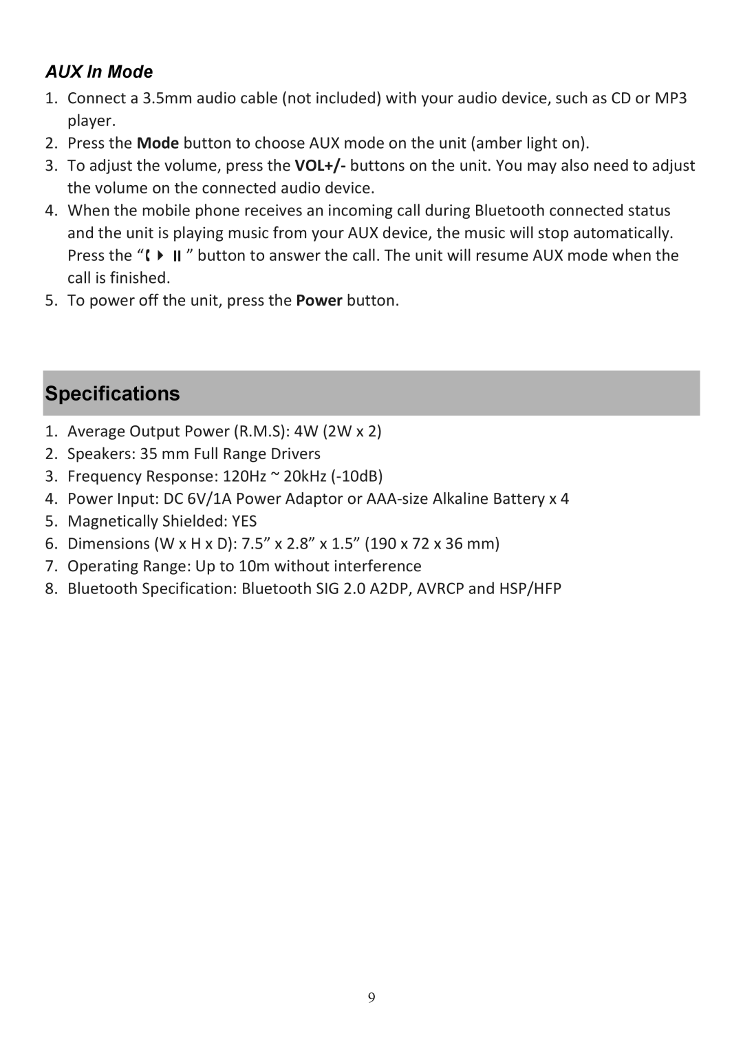 Audiovox CE208BT user manual Specifications, AUX In Mode 