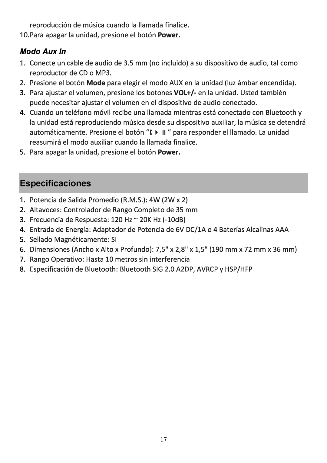 Audiovox CE208BT user manual Especificaciones, Modo Aux In 