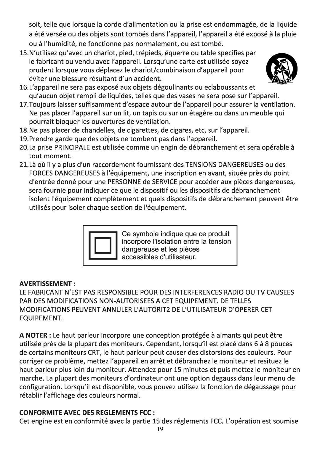 Audiovox CE208BT user manual Avertissement, Conformite Avec Des Reglements Fcc 