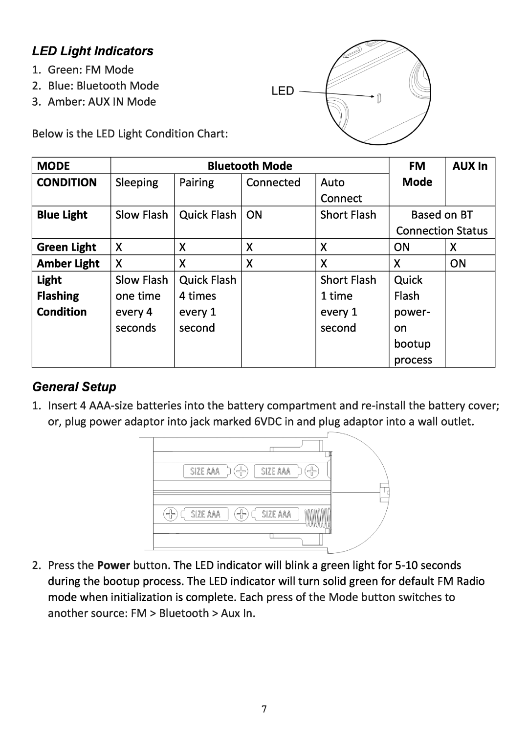 Audiovox CE208BT user manual LED Light Indicators, General Setup 