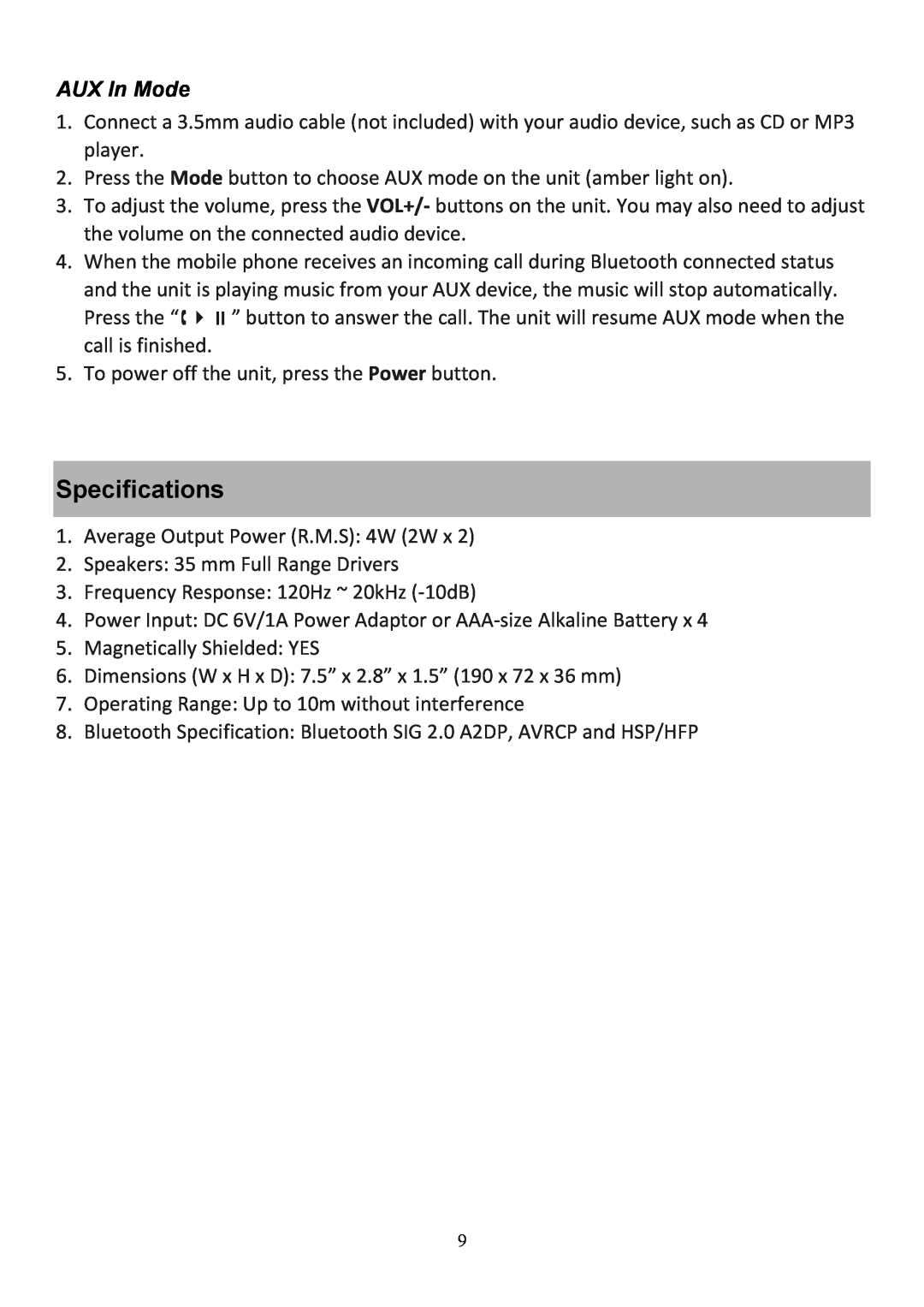 Audiovox CE208BT user manual Specifications, AUX In Mode 