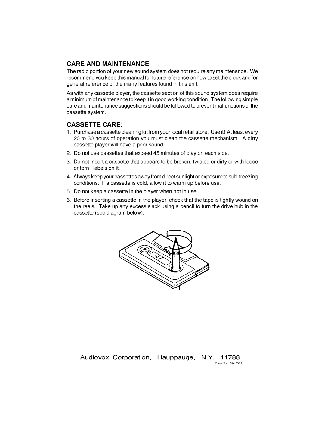 Audiovox CE250 owner manual Care and Maintenance, Audiovox Corporation, Hauppauge, N.Y 