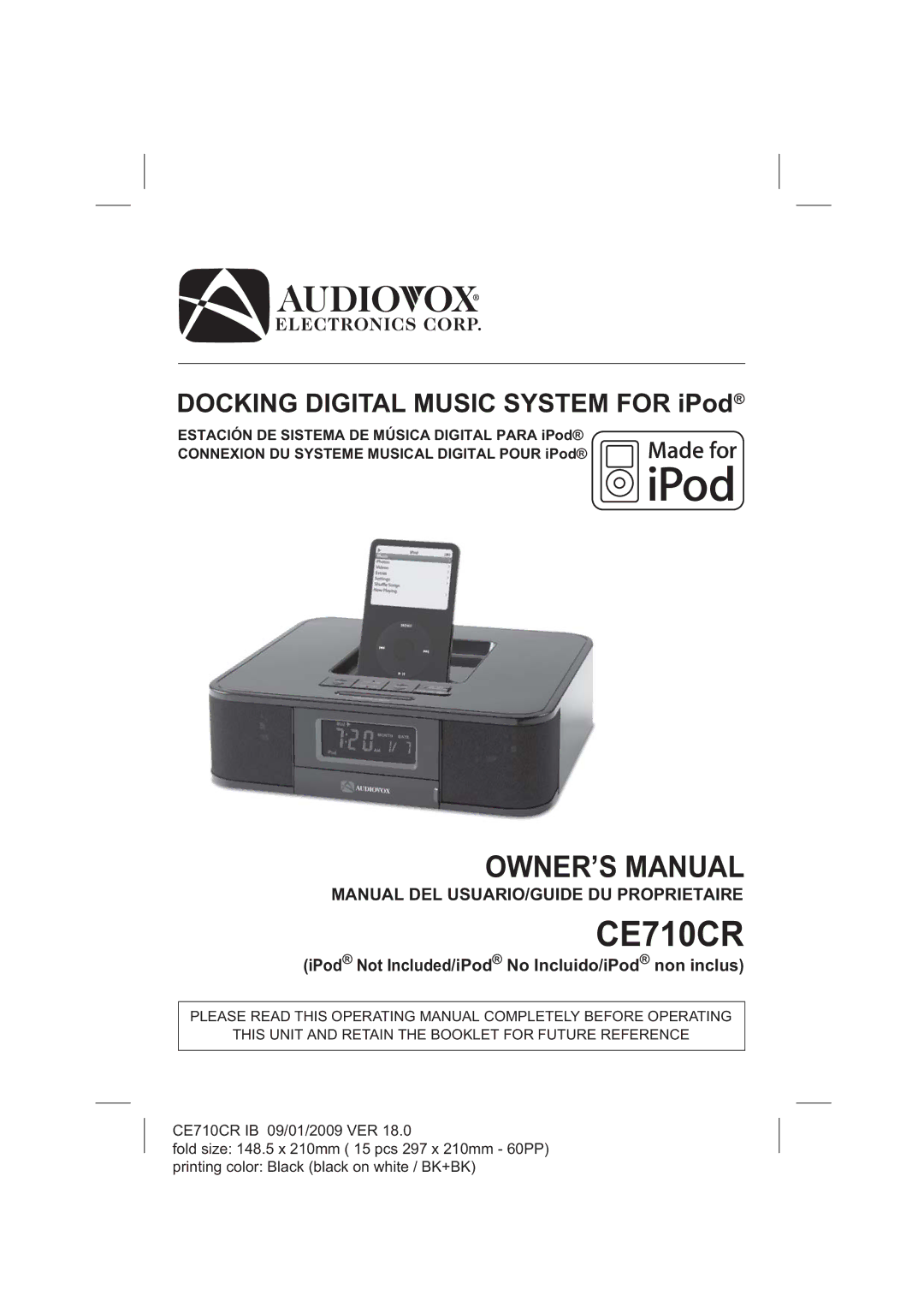 Audiovox CE710CR owner manual Manual DEL USUARIO/GUIDE DU Proprietaire, IPod Not Included/iPod No Incluido/iPod non inclus 