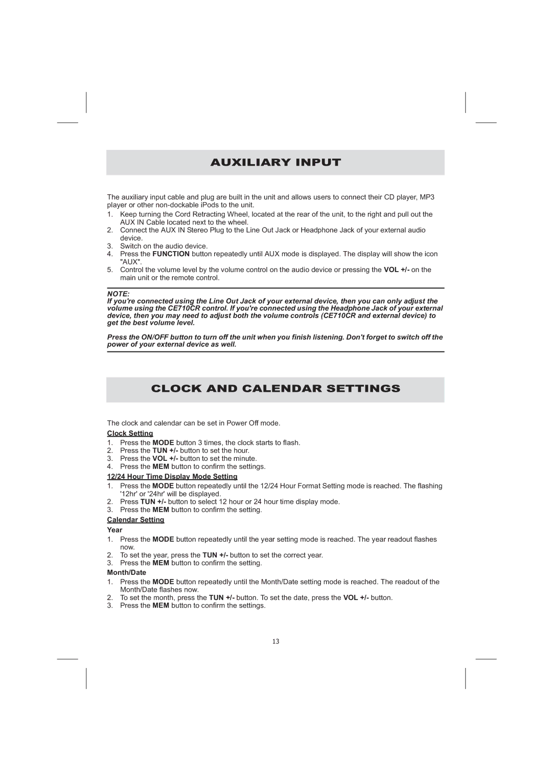 Audiovox CE710CR owner manual Auxiliary Input, Clock and Calendar Settings 