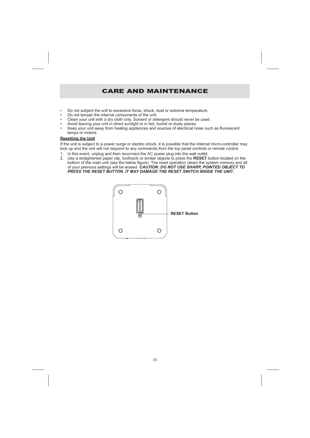 Audiovox CE710CR owner manual Care and Maintenance, Resetting the Unit, Reset Button 