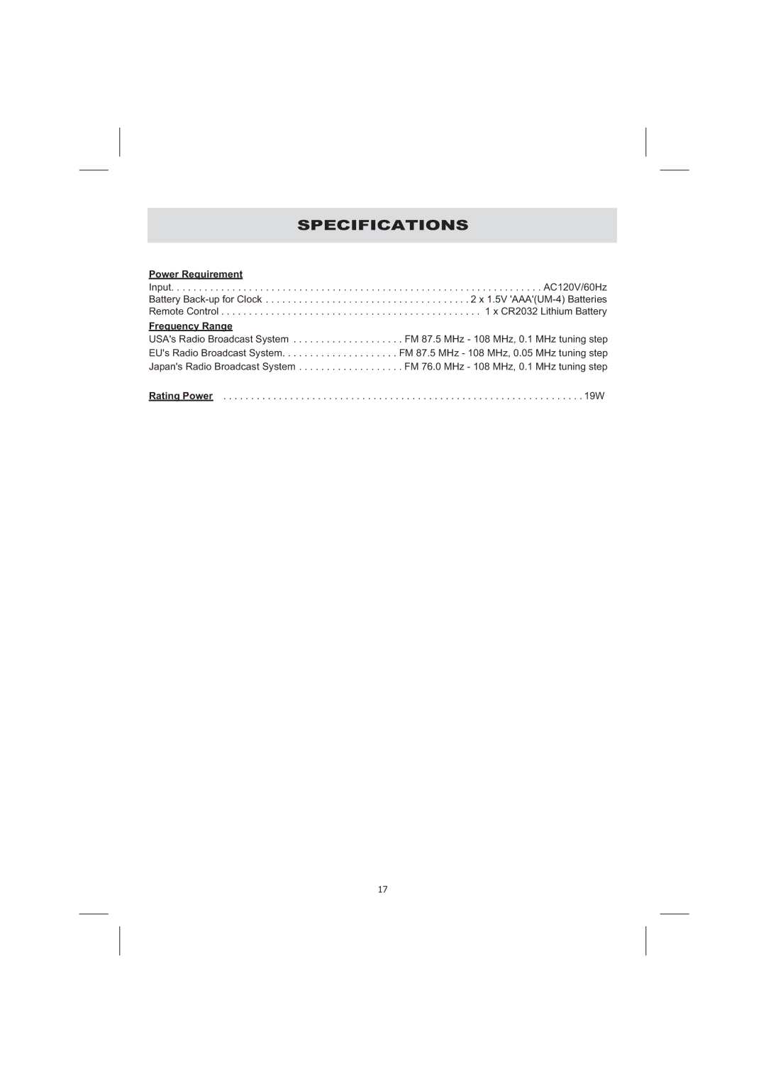 Audiovox CE710CR owner manual Specifications, Power Requirement, Frequency Range 