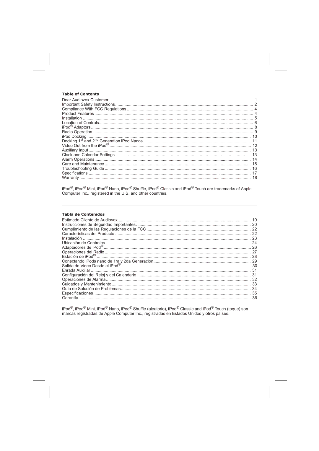 Audiovox CE710CR owner manual Table of Contents 