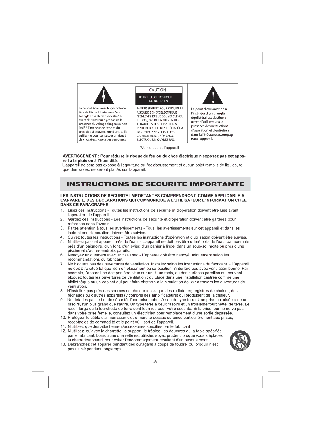 Audiovox CE710CR owner manual Instructions DE Securite Importante 