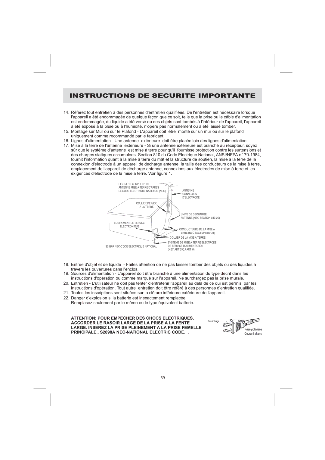 Audiovox CE710CR owner manual Instructions DE Securite Importante 