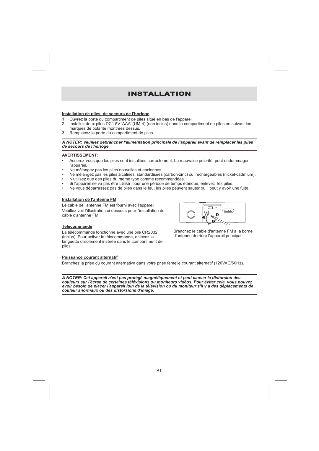 Audiovox CE710CR owner manual Installation de piles de secours de lhorloge, Installation de lantenne FM, Télécommande 