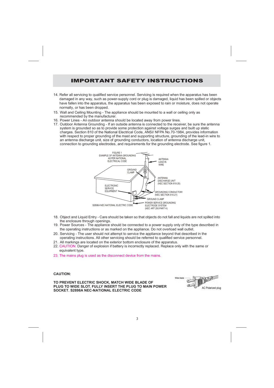 Audiovox CE710CR owner manual Mains plug is used as the disconnect device from the mains 