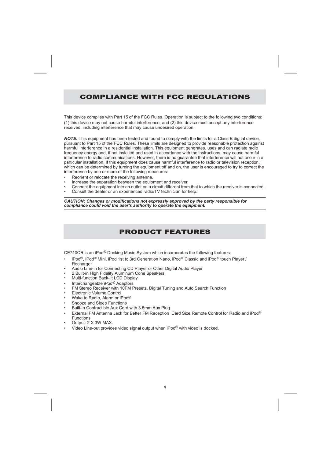 Audiovox CE710CR owner manual Compliance with FCC Regulations, Product Features 