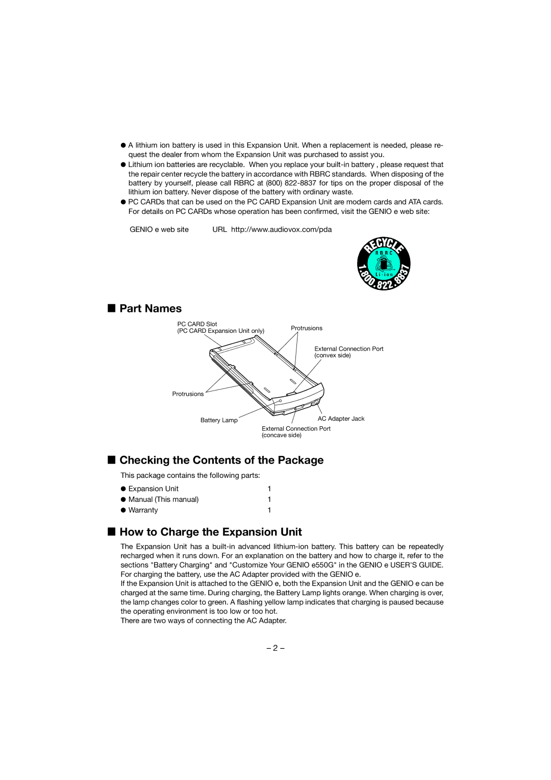 Audiovox CEX0122B manual Part Names, Checking the Contents of the Package, How to Charge the Expansion Unit 