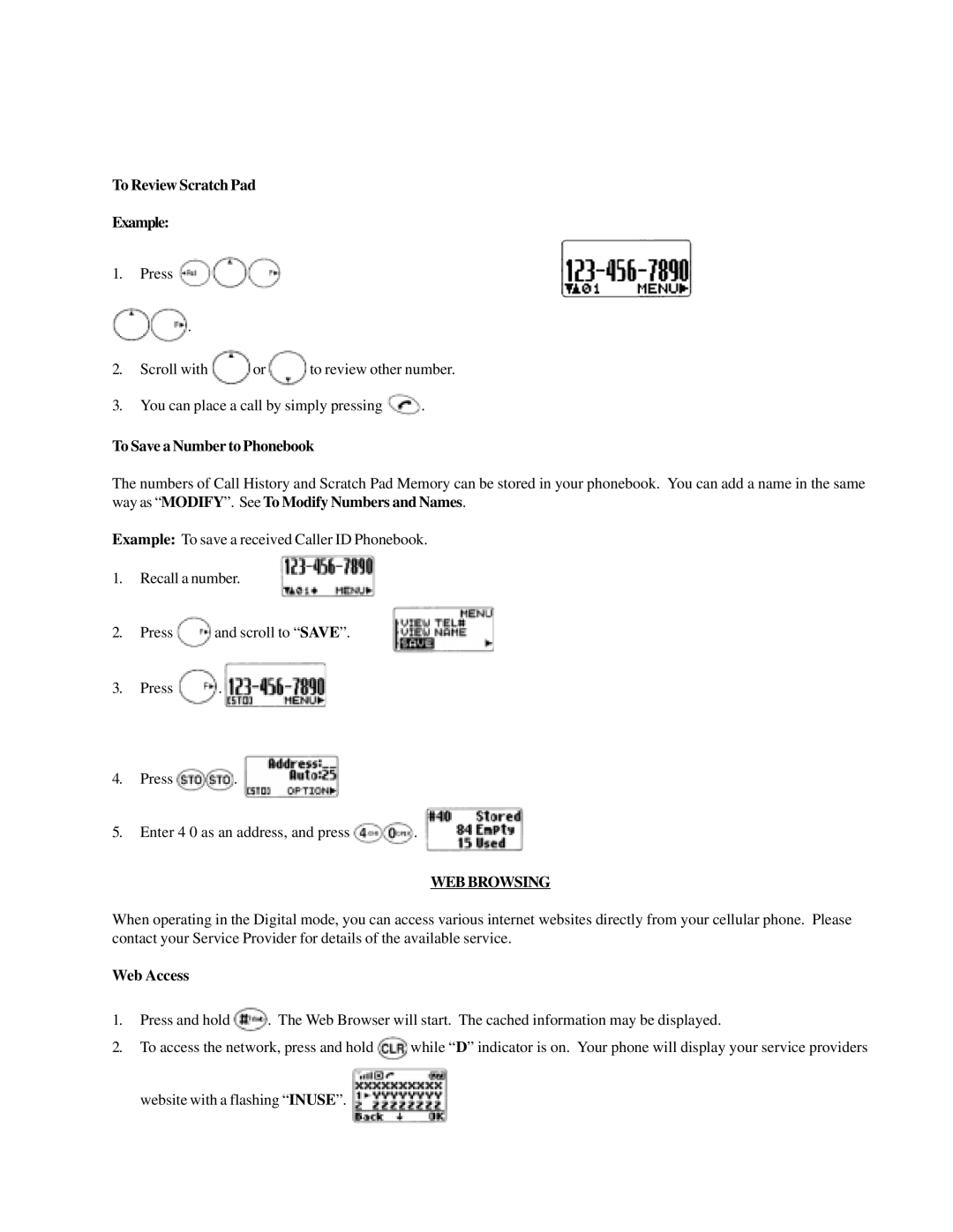 Audiovox CMD-9000 operation manual To Review Scratch Pad Example, To Save a Number to Phonebook, WEB Browsing, Web Access 