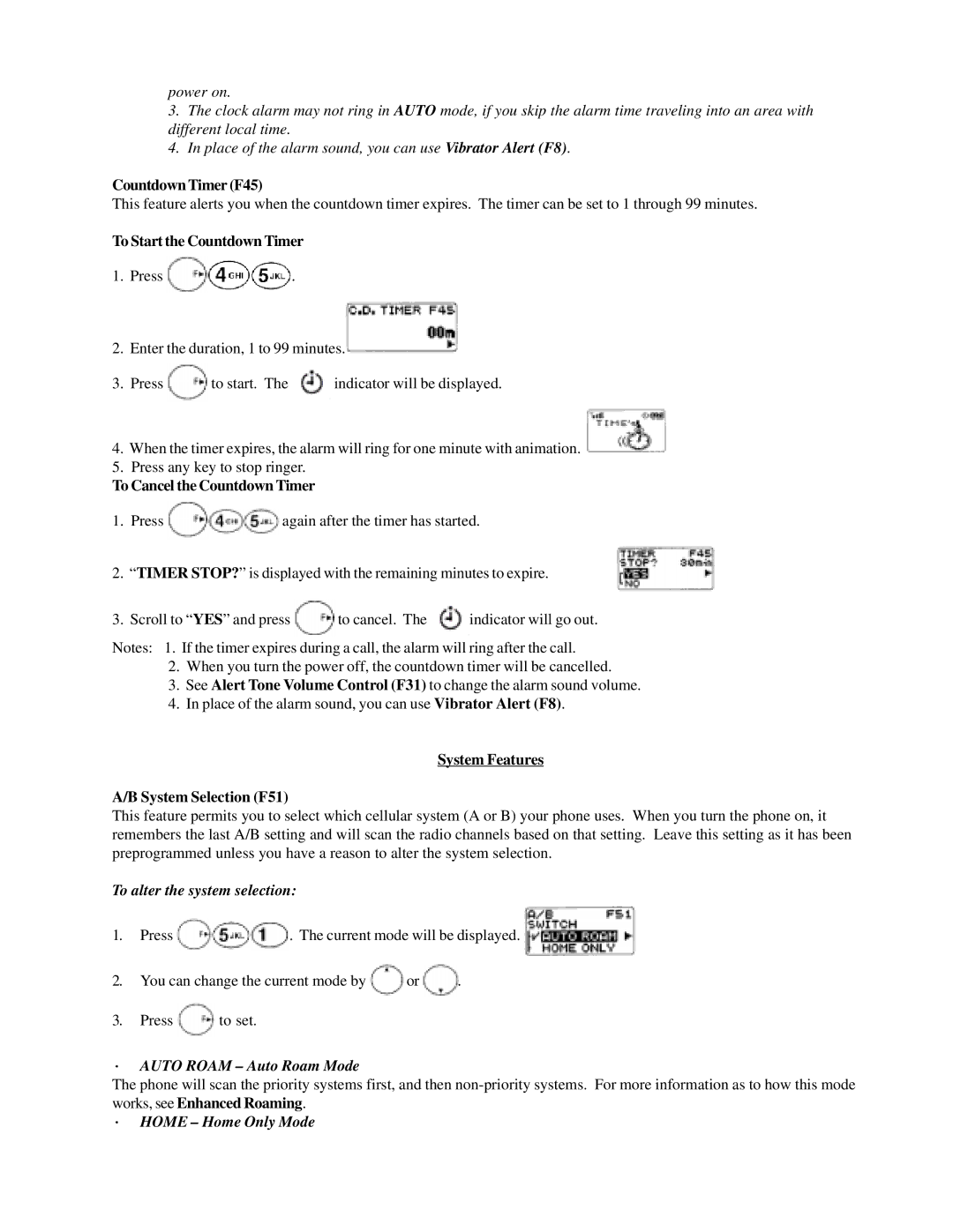 Audiovox CMD-9000 operation manual To alter the system selection, · Auto Roam Auto Roam Mode, · Home Home Only Mode 