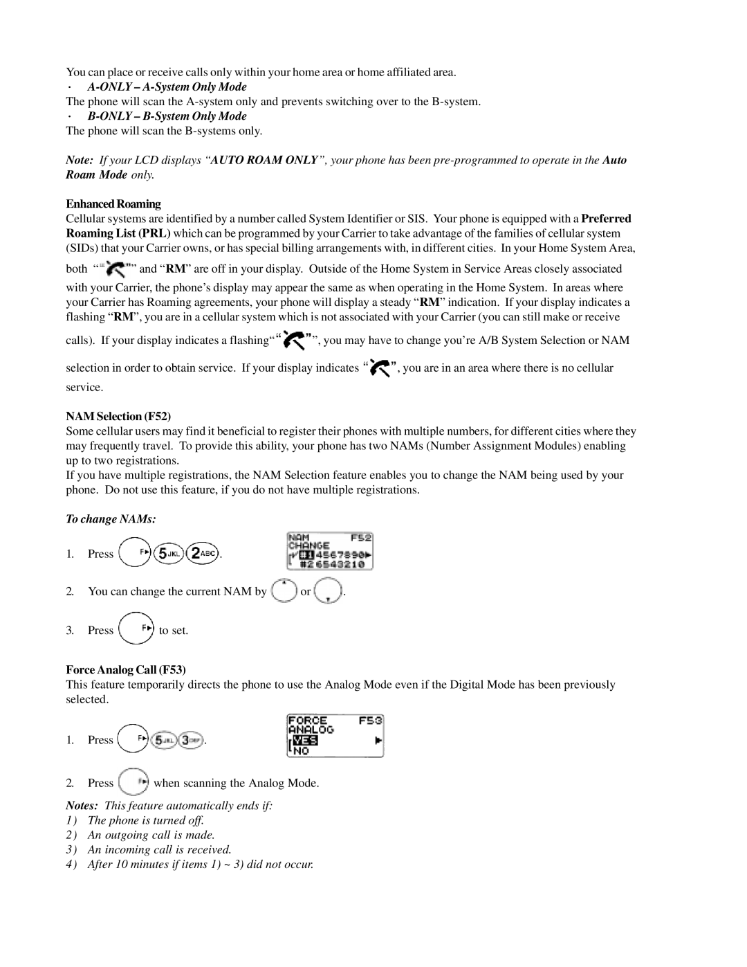 Audiovox CMD-9000 · A-ONLY A-System Only Mode, Enhanced Roaming, NAM Selection F52, To change NAMs, Force Analog Call F53 